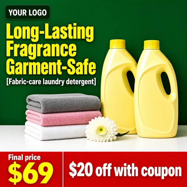 [Format]
Professional e-commerce product main image, square 1:1, bold household-essentials style set against a deep green painted wall.

[Colors]
Background a saturated green wall (#2f7a4f range) above a white table, butter-yellow bottles, red, yellow and white type; No frame border.

[Layout]
A dark chip with "YOUR LOGO" top-left; the two-line headline upper-left in yellow with a white bracketed sub-line; the two bottles right of centre; a stack of folded towels and a white flower at the base; a red claim band along the bottom split into price and coupon halves.

[Subject]
No people. Two large pale-yellow laundry-detergent bottles with yellow caps and integral handles, soft blank bodies catching the light, standing on a white surface beside a neat stack of grey, pink and white towels and a single white chrysanthemum.

[Headline]
Huge yellow characters: "Long-Lasting Fragrance" over "Garment-Safe". White bracketed line: "Fabric-care laundry detergent". Red band: left "Final price" small over "$69" huge yellow; right, bold white: "$20 off with coupon".

[Mood]
Bold, dependable and value-forward; saturated green with a butter-yellow product pop.