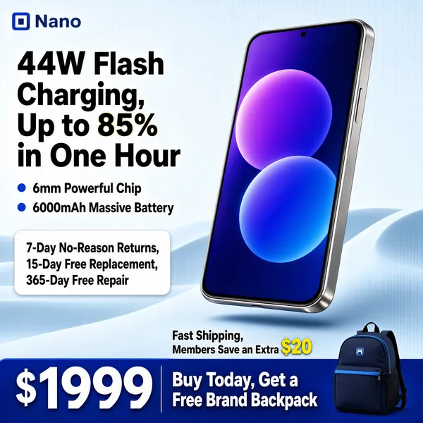 [Format]
Professional e-commerce product main image, square 1:1, tech-blue promo for a fast-charging smartphone.

[Colors]
Pale blue-grey background (#dfe8ee range) with soft dune-like curves, titanium-frame phone with purple-blue screen, blue and black headline text, white card panels, deep blue bottom banner, yellow numeral highlights.

[Layout]
Logo chip top left, big spec headline upper left, two dot bullets beneath, white service-terms card on the left middle, hero phone standing at right, shipping note and price bar along the bottom.

[Subject]
A modern smartphone with polished titanium edges and a large dual-tone purple screen showing abstract color orbs, angled three-quarter view floating above soft dunes.

[Headline]
Top: "44W Flash Charging, Up to 85% in One Hour" in blue and black, numerals oversized. Bullets: "6mm Powerful Chip", "6000mAh Massive Battery". White card: "7-Day No-Reason Returns, 15-Day Free Replacement, 365-Day Free Repair". Lower right: "Fast Shipping, Members Save an Extra $20". Bottom: "$1999" with the numeral huge and blue strip "Buy Today, Get a Free Brand Backpack" with a small backpack photo.

[Badges]
White service-terms card; dark blue backpack-gift banner along the bottom.

[Mood]
Confident, spec-driven and deal-ready, a practical flagship pitch.