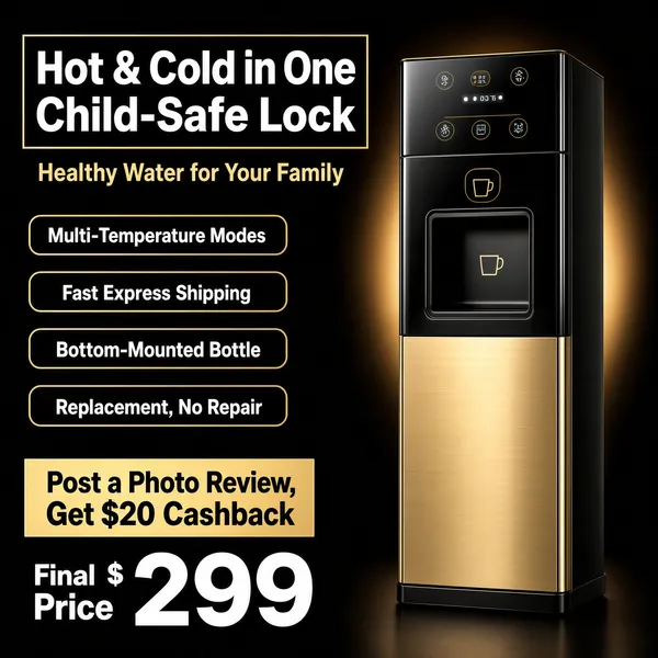 [Format]
Professional e-commerce product main image, square 1:1, premium black-gold appliance style with a dramatic dark stage and elegant gold-accented typography.

[Colors]
Near-black background in the #141210 range with a soft warm glow behind the product, primary accent champagne gold (#d9b57c) on headline keylines and pills, the appliance finished in black glass with a gold body; No frame border.

[Layout]
The headline stack fills the upper-left with a gold sub-line beneath and four gold-outlined feature pills down the left side; the freestanding water dispenser stands full-height on the right third; the bottom-left corner carries a gold reward slab above a large price numeral.

[Subject]
A tall floor-standing water dispenser with a black glass top cabinet housing control buttons and a small display, a recessed tap area with a cup glyph, and a brushed champagne-gold lower door; subtle top-light gleam along the glass edges, no people.

[Headline]
Upper-left stacked in heavy white caps with thin gold keyline frames: "Hot & Cold in One" then "Child-Safe Lock"; beneath in gold, "Healthy Water for Your Family". Four gold-outlined pills in white text: "Multi-Temperature Modes", "Fast Express Shipping", "Bottom-Mounted Bottle", "Replacement, No Repair".

[Badges]
Bottom-left gold slab: "Post a Photo Review, Get $20 Cashback" in dark text; beneath it "Final Price $299" with "299" in very large white numerals.

[Mood]
Upscale, quietly luxurious and family-safe; black-stage drama with gold premium cues.