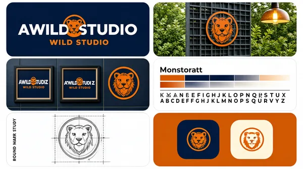 [Format]
Landscape 16:9 gig cover, logo-identity moodboard on a clean white page. Flat vector tile artwork mixed with mockup photographs, sharp even gutters, flat daylight in the photos. No watermark, no personal names.

[Layout]
A two-column by three-row grid of square-ish tiles on a thin white gutter, every tile rounded at the corners and the block filling the frame edge to edge. Row one: the left tile is a flat deep-navy panel carrying the primary lockup; the right tile is an outdoor photograph of a round logo decal mounted on a dark steel grid, with greenery and a hanging pendant lamp behind it. Row two: the left tile is a mockup of a dark navy tiled wall on which the same logo appears at several sizes inside frames and once as a bare roundel; the right tile is a brand-guidelines panel — two horizontal colour bars, orange over navy, each fading out into a strip of tints, with a typeface name above a hairline rule and a wide-tracked alphabet set across two lines below. Row three: the left tile is a graphite pencil sketch of the roundel over a dotted construction grid with thin guide lines; the right tile is a flat orange panel showing two app-style rounded-square tiles, one navy with an orange mark, one cream with an orange mark.

[Subject]
None — no people. The only photographic elements are the mounted decal and the tiled wall, both lit evenly and flat-on.

[Headline]
In the top-left navy tile, a three-letter wordmark in very heavy white caps with its middle letter swapped for an orange circular animal mark, and beneath it a two-word orange all-caps strapline. Row two's right tile carries the typeface name Montserrat in sentence case above the alphabet A to Z in letterspaced caps. Row three's left tile carries a small vertical label. No other headline copy.

[Badges]
None beyond the repeated illustrated animal roundel, which stands in for the brand mark itself across all six tiles.

[Mood]
Navy and burnt orange over crisp white, with faint green and warm lamp tones inside the photograph; tidy, systematic, portfolio-like. The alternating flat and photographed tiles give a recognisable checker rhythm at thumbnail size.