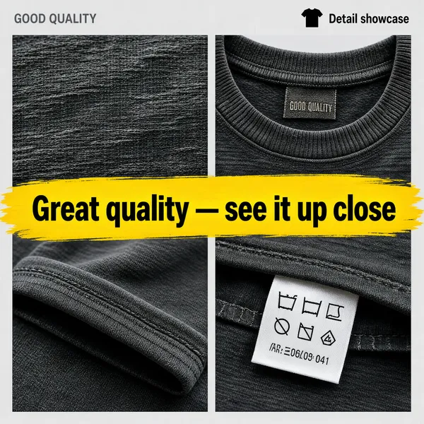 [Format]
Professional e-commerce product main image, square 1:1, quality-detail collage for a black t-shirt built as four photo tiles with a yellow brush banner.

[Colors]
Photo tiles in washed charcoal-black fabric tones over a light grey ground. The banner in vivid yellow with black characters. Top-left small grey caps "GOOD QUALITY"; top-right a tiny black tee icon with a label. No frame border.

[Layout]
A two-by-two grid of square detail photos separated by thin gaps: fabric weave close-up, neckline with brand label, sleeve hem, and care label. Across the centre a yellow brush-stroke banner overlaps the tiles.

[Subject]
No people. Four macro shots of a faded black cotton t-shirt — slub fabric texture, the ribbed collar with a small woven neck label, stitching along the rolled sleeve, and a white printed care label inside the hem — each tile lit softly to show the weave.

[Headline]
Centre yellow banner: "Great quality — see it up close" in bold black characters with rough brush ends. Top-right small label: "Detail showcase" beside a tiny black t-shirt icon.

[Mood]
Honest, craft-focused and tactile; muted charcoal photography with one loud yellow stroke, trust-building at thumbnail size.