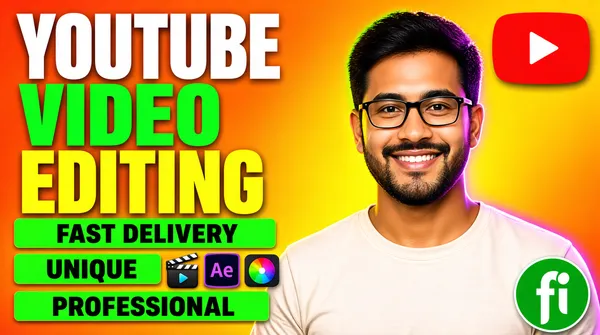 [Format]
Landscape 16:9 gig cover, bold marketing graphic with a person cut-out and platform badges. Bright saturated finish, no watermark, no personal names.

[Layout]
A smiling person occupies the right half, overlapping the headline stack. The left side carries three stacked lines of huge text plus three green banner strips. Small app/tool badges sit on the middle banner, and a large YouTube play button appears in the upper right while a Fiverr badge sits near the lower right corner.

[Subject]
A man with glasses and a short beard, wearing a light crew-neck T-shirt, chest-up, smiling toward the camera, placed on the right third and lit with warm orange-to-purple rim light.

[Headline]
"YOUTUBE" in bold white sans caps at the top left; "VIDEO" in bold green sans caps below it; "EDITING" in bold yellow sans caps beneath. Three bright green horizontal bars below read "FAST DELIVERY," "UNIQUE," and "PROFESSIONAL" in bold black sans caps.

[Badges]
YouTube red play-button badge upper right and a green Fiverr "fi" circular badge lower right. Between the "UNIQUE" and "PROFESSIONAL" banners sit three small app icons: a clapperboard with a rainbow gradient, an Adobe After Effects "Ae" badge, and a colour-wheel node icon.

[Mood]
Vibrant orange-to-yellow gradient background with green and red accents; loud, fast-turnaround energy that pops as a thumbnail.