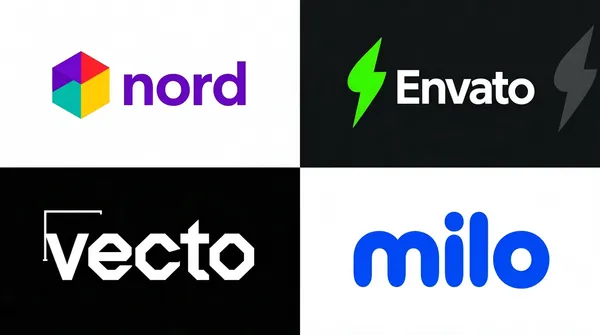 [Format] Landscape 16:9 gig cover, minimal flat logo-showcase grid, clean studio mockup style. Crisp vector-flat finish with no texture. No watermark, no personal names.

[Layout] A flush 2x2 grid of full-bleed logo mockup panels with no visible gutters — the seams are just the color edges of adjacent tiles — each cell showing one wordmark centered at its optical middle. Top-left cell: a white field with a small isometric cube mark built from purple, red, teal and yellow facets sitting to the left of a purple lowercase wordmark. Top-right cell: a very dark charcoal field with a bright green lightning-bolt leaf mark to the left of a white lowercase wordmark for Envato, plus a faint darker ghost of the same leaf shape at the far right edge of the cell. Bottom-left cell: a pure black field with a white lowercase geometric wordmark preceded by a thin corner-bracket mark above its first letter. Bottom-right cell: a white field with a fat, rounded blue lowercase wordmark. No cell content crosses the seams; the grid is perfectly flat with no shadows or perspective.

[Subject] none — typographic only.

[Headline] No campaign headline; the four wordmarks are the only text, each set large relative to its cell: a short purple lowercase sans next to the multicolor isometric cube; the white Envato wordmark with its green leaf-bolt at left; a white lowercase geometric sans with the corner-bracket accent; and a heavy rounded blue lowercase wordmark for a private client.

[Badges] none beyond the four wordmark tiles themselves.

[Mood] Alternating light and dark cells — white, charcoal, black, white — with purple, green, white and blue accents; calm, portfolio-like, checkerboard-balanced. At thumbnail size it reads instantly as a clean 2x2 wall of four logo reveal frames.