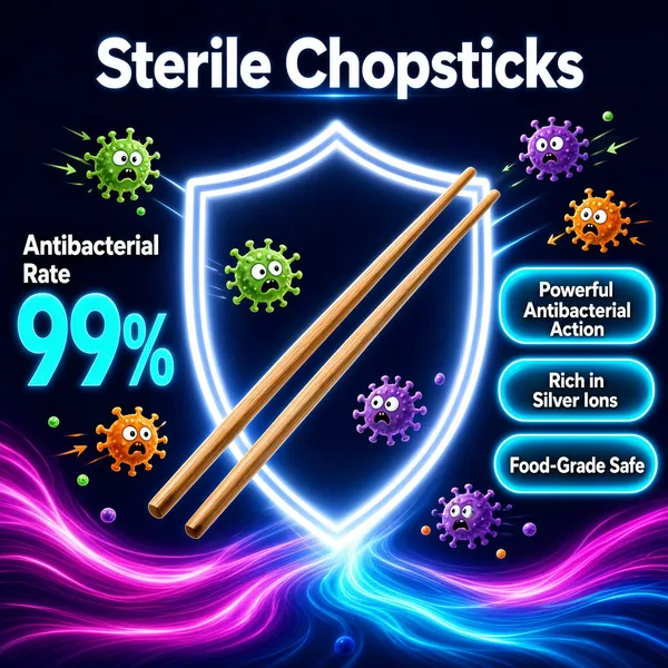 [Format]
Professional e-commerce product main image, square 1:1, high-tech housewares style, dark and glowing.

[Colors]
Background deep navy (#0b1b3a) with a luminous white shield outline and magenta-cyan light waves sweeping the lower half; accents natural wood chopsticks, cartoon germ blobs in green, purple and orange, cyan info pills and white type. No frame border.

[Layout]
The headline sits top centre; the glowing shield fills the middle with a pair of chopsticks laid diagonally across it; germ particles float around; a big stat block sits at the left; three cyan pills stack down the right side.

[Subject]
No people. A pair of smooth natural wooden chopsticks floating over a neon-outlined shield, surrounded by small cartoon germ particles being repelled, with luminous magenta and cyan light streaks flowing beneath.

[Headline]
"Sterile Chopsticks" in white bold caps at the top; at the left "Antibacterial Rate" in small white caps over "99%" in huge cyan numerals; the right-side cyan pills read "Powerful Antibacterial Action", "Rich in Silver Ions" and "Food-Grade Safe".

[Badges]
No badges; the pills carry the certifications.

[Mood]
Scientific and protective; dark navy lab glow with neon shield energy and crisp hygiene claims.