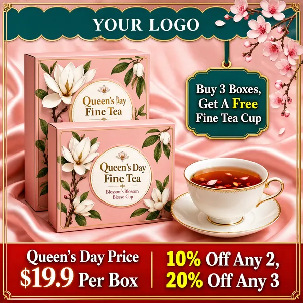 [Format]
Professional e-commerce product main image, square 1:1, romantic gift-set style with blush-pink silk, teal-and-gold vintage framing and floral tea packaging.

[Colors]
Blush-pink backdrop (#f4c9c0 range) with a silk sheen; pink gift boxes with white floral illustration; deep teal banner and badge (#1d6a6a); a gold frame line; a red bottom band (#d0342c).

[Layout]
A thin gold double frame edges the whole square; a teal scalloped banner runs across the top; two floral gift boxes stand centre-left; a teal gift badge hangs upper-right; a porcelain teacup sits lower-right; a red band caps the bottom.

[Subject]
Two blush-pink tea gift boxes decorated with white magnolia and green-leaf illustrations, an oval label on the front; beside them a white porcelain teacup and saucer with gold trim filled with amber-red blossom tea; pink plum blossoms drift in the top-right corner. No people.

[Headline]
Top teal banner: a small logo mark and "YOUR LOGO" in white; right teal badge with gold border: "Buy 3 Boxes, Get A Free Fine Tea Cup" stacked in white and gold; bottom red band: "Queen's Day Price $19.9 Per Box" on the left and "10% Off Any 2, 20% Off Any 3" in bold yellow-white.

[Mood]
Romantic, gift-ready and festively feminine; pink silk with teal-and-gold vintage accents and warm tea tones.