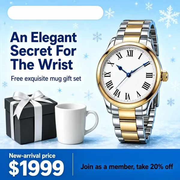 [Format]
Professional e-commerce product main image, square 1:1, elegant accessory promo in icy light blue.

[Colors]
Background a pale ice-blue gradient #cfe4f2 to #eef7fb with soft snowflake motifs and small blue stars; accents steel blue and warm gold on the watch; No frame border.

[Layout]
A white pill header at the top, the headline block on the left, the watch dominating the right half, a gift box with a mug lower-left, and a blue price band along the bottom.

[Subject]
A round silver-and-gold two-tone wristwatch with a white Roman-numeral dial, blued hands and a polished link bracelet, shown upright at a slight angle; beside it a charcoal gift box tied with a white ribbon and a plain white mug, soft studio reflections tracing the polished bracelet links. No people.

[Headline]
Left: "An Elegant Secret For The Wrist" in heavy steel-blue caps; beneath, "Free exquisite mug gift set" in lighter blue. Bottom band: "New-arrival price" with "$1999" in huge white on blue, and "Join as a member, take 20% off" in dark navy.

[Mood]
Graceful, giftable and wintry; cool ice-blue calm with one warm gold accent and a gentle wintry sparkle.