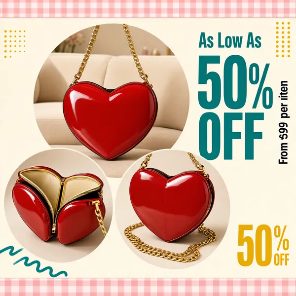[Format]
Professional e-commerce product main image, square 1:1, romantic fashion-accessory showcase in soft cream with circular photo frames.

[Colors]
Background warm cream #f3ece3 with pale pink gingham strips along the very top and bottom edges; accents teal and golden yellow with small dotted clusters; No frame border beyond the gingham strips.

[Layout]
Three large overlapping circular photo frames — one big circle upper-centre, one lower-left, one lower-right — while a teal headline column runs down the right side with a yellow dot grid and a wavy teal doodle at bottom-left.

[Subject]
A glossy cherry-red heart-shaped crossbody bag with a slim gold chain strap, shown in three views: hanging front-on against a beige sofa, half-open revealing its gold-rimmed clamshell interior, and a back angle with the gold chain pooled beneath. No people.

[Headline]
Right column: "As Low As" in teal followed by a huge teal "50% OFF" with the numeral oversized; beside it vertical dark text "From $99 per item". Lower right: "50% OFF" in bold golden yellow with a small "OFF" subscript.

[Mood]
Sweet, gift-ready and promotional; cream neutrals with a glossy red heart and teal accents.