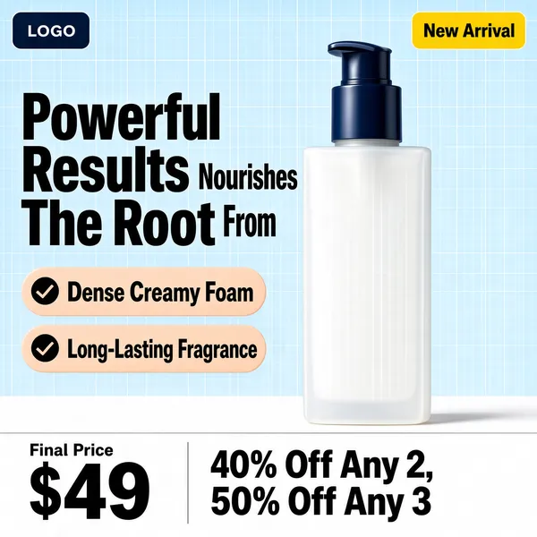 [Format]
Professional e-commerce product main image, square 1:1, crisp editorial beauty-promo style on a pale blue grid with a tall white bottle and stacked benefit rows.

[Colors]
A pale powder-blue background with a faint grid texture (#dbe7ee range) above and clean white below, a deep navy pump cap on a frosted white bottle, black display type, soft peach check pills, and a small yellow "New Arrival" chip at the top-right. Small dark logo chip at the top-left. No frame border.

[Layout]
The upper band carries the logo chip and the new-arrival chip at opposite corners. The headline pair sits mid-left. Two rounded check pills stack beneath it. The bottle stands tall at centre-right, overlapping the colour split. A footer band along the bottom holds a price block at the left and a multi-buy offer to the right, divided by a thin rule.

[Subject]
A tall frosted-white shampoo or scalp-serum bottle with a slim rectangular body and a navy-blue pump dispenser, minimalist unbranded front, gentle studio light with a soft reflection, standing crisply against the pale grid.

[Headline]
"Powerful Results" over "Nourishes From The Root" in two lines of very heavy black caps. The peach pills read "Dense Creamy Foam" and "Long-Lasting Fragrance" with check icons. Footer: "Final Price" small vertical above "$49" enormous in black, then "40% Off Any 2, 50% Off Any 3" in bold black caps.

[Badges]
The small dark logo chip at the top-left and the yellow "New Arrival" chip at the top-right.

[Mood]
Fresh, tidy and efficacious; powder-blue calm with strong black type and a tidy two-step discount offer.