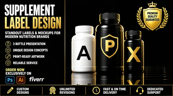 [Format]
Landscape 16:9 gig cover, photorealistic 3D supplement-bottle mockup style with dramatic rim lighting and a deep black reflective background. High-end glossy finish. No watermark, no personal names.

[Layout]
The frame splits into a left text-and-service column (about one-third) and a right product stage (about two-thirds). Three glossy supplement bottles stand in a slight diagonal on a reflective black surface, with the center bottle tallest and pushed forward. A gold laurel badge floats in the upper-right. A horizontal bottom bar spans the full width with four service callouts and small icons.

[Subject]
Three plastic supplement bottles with ribbed caps. Left bottle is white with a geometric "A" mark and a short bold sans-serif product name. Center bottle is taller black with a shield "P" icon and a short bold sans-serif product name. Right bottle is shorter black with a stylized "X" and a short bold sans-serif product name. All three catch warm gold rim light from the upper right.

[Headline]
Top-left: "SUPPLEMENT" in very large condensed white sans-serif caps, then "LABEL DESIGN" in equally large metallic gold caps directly below. Under that, smaller white sans-serif reads "STANDOUT LABELS & MOCKUPS FOR MODERN NUTRITION BRANDS". A vertical list on the left pairs small circular icons with "3 BOTTLE PRESENTATION", "UNIQUE DESIGN CONCEPTS", "PRINT-READY ARTWORK", and "RELIABLE SERVICE". Bottom-left: "ORDER NOW" in gold caps above "EXCLUSIVELY ON" in white, next to the white "fiverr" wordmark, with small Adobe Photoshop (Ps) and Illustrator (Ai) app icons beneath.

[Badges]
Upper-right: a gold shield framed by a laurel wreath with a crown icon and "PREMIUM QUALITY GUARANTEED" in gold caps. Bottom bar from left to right: "CUSTOM DESIGNS" with a pencil icon, "UNLIMITED REVISIONS" with a rosette icon, "FAST & ON TIME DELIVERY" with a clock icon, "DEDICATED SUPPORT" with a headset icon.

[Mood]
Dark luxury palette of matte black, metallic gold, and clean white with warm highlight accents. The composition reads premium and high-contrast at thumbnail size, with the gold headline and badge drawing the eye.