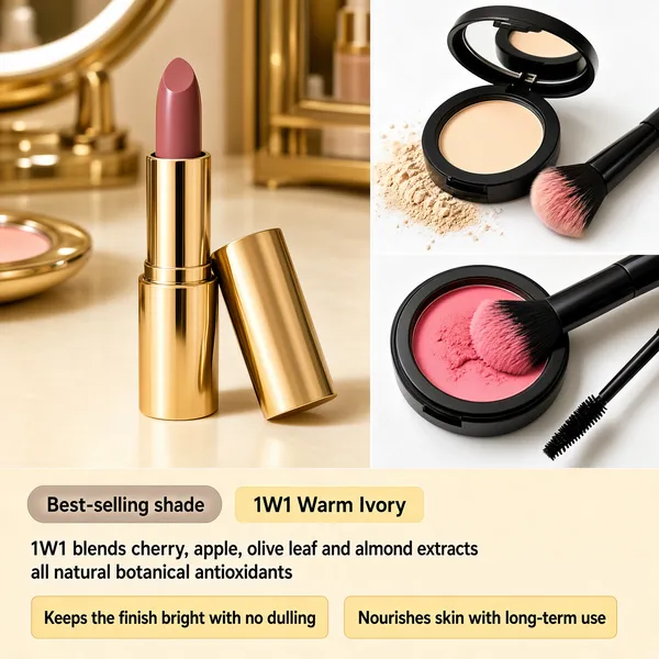 [Format]
Professional e-commerce product main image, square 1:1, boutique makeup display style with a two-panel photo collage over a soft beige info section.

[Colors]
Upper two-thirds: left panel a blurred gold-toned vanity with a rose lipstick, right panel a bright white surface with brushes and compacts; lower third a warm beige panel with taupe and gold text furniture. No frame border.

[Layout]
Left half: a gold-cased lipstick standing upright, cap leaning beside it. Right half split in two stacked photos: top, a blush brush with loose powder beside an open black powder compact; bottom, a black-tipped brush swept through pink blush in an open jar with a mascara wand at the corner. Bottom beige block carries four lines of copy with a highlight pill at top.

[Subject]
A luxe gold-tone lipstick with a rose-mauve bullet, gold cap set askew on a cream vanity; matte black powder compact and natural-bristle brushes with scattered powder and blush pigments.

[Headline]
Bottom block: a taupe pill with "Best-selling shade" followed by "1W1 Warm Ivory" on a pale gold chip. Then dark text "1W1 blends cherry, apple, olive leaf and almond extracts" and "all natural botanical antioxidants". Two pale-gold chips beneath: "Keeps the finish bright with no dulling" and "Nourishes skin with long-term use".

[Badges]
No badges; the chip row carries the claims.

[Mood]
Refined, beauty-counter elegant; champagne golds and warm beiges with tidy shade information.