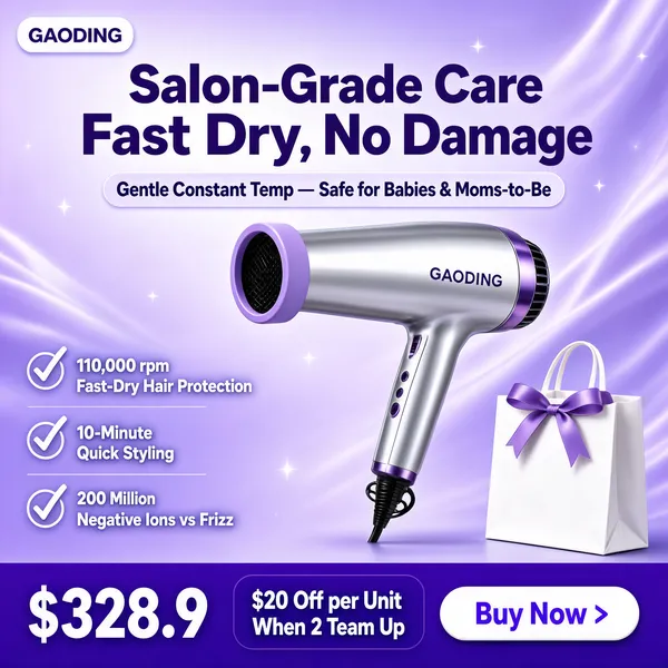[Format]
Professional e-commerce product main image, square 1:1, glossy violet salon-tech style.

[Colors]
Background a lavender-lilac gradient (#cabdf0) with silky light streaks and sparkles; accents a silver-and-purple dryer, deep purple headline type, white check text and a violet footer band; a small white gift bag. No frame border.

[Layout]
A logo chip top left; the headline at the top with a rounded chip beneath; a three-item check list runs down the left; the dryer floats at a dynamic angle centre-right; a small white gift bag sits at the lower right; a violet footer band carries price and offer text.

[Subject]
No people. A sleek silver hair dryer with a matte lavender nozzle ring and subtle "GAODING" print, angled mid-air as if in use, with a small white gift bag tied with a ribbon beside it.

[Headline]
"Salon-Grade Care" over "Fast Dry, No Damage" in deep purple bold; a chip reads "Gentle Constant Temp — Safe for Babies & Moms-to-Be"; the checks list "110,000 rpm Fast-Dry Hair Protection", "10-Minute Quick Styling", "200 Million Negative Ions vs Frizz"; the footer shows "$328.9" in huge white numerals plus white "$20 Off per Unit When 2 Team Up" and a small pill "Buy Now >".

[Badges]
A small rounded logo chip at the top left.

[Mood]
Bright, salon-fresh and feature-rich; lilac silk light with metallic hardware and stacked claims.