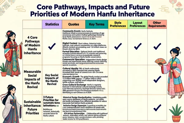 The infographic titled "Core Pathways, Impacts and Future Priorities of Modern Hanfu Inheritance" presents a structured, visually engaging analysis of the contemporary Hanfu revival movement. The layout is organized as a grid with three main horizontal sections, each representing a major theme: "4 Core Pathways of Modern Hanfu Inheritance," "Measurable Social Impacts of the Hanfu Revival," and "Sustainable Inheritance: Future Priorities." These sections are arranged vertically along the left side, with corresponding content distributed across seven columns labeled: Statistics, Quotes, Key Terms, Style Preferences, Layout Preferences, and Other Requirements. The overall design employs a soft pastel color palette with geometric illustrations of stylized figures in vibrant, patterned Hanfu attire. Decorative elements include potted plants, abstract shapes, and small icons, contributing to a modern, accessible aesthetic. The chart type is a tabular matrix where each row corresponds to a thematic section and each column represents a category of information, allowing for comparative analysis. Each cell within the matrix contains either textual content or a checkmark (✓) indicating relevance or applicability. The top row of the table features headers with distinct background colors: Statistics (lavender), Quotes (peach), Key Terms (teal), Style Preferences (yellow), Layout Preferences (light green), and Other Requirements (light coral). **Section 1: 4 Core Pathways of Modern Hanfu Inheritance** - **Statistics**: A checkmark indicates this category is relevant. - **Quotes**: A checkmark indicates relevance. - **Key Terms**: A checkmark indicates relevance. - **Style Preferences**: A checkmark indicates relevance. - **Layout Preferences**: A checkmark indicates relevance. - **Other Requirements**: A checkmark indicates relevance. - **Content under "Quotes" column**: - *Community Events*: "Hanfu festivals, traditional ritual reenactments like coming-of-age ceremonies and Lantern Festival gatherings hosted by local Hanfu associations. Over 4,000 registered Hanfu clubs in mainland China as of 2024." - *Digital Content*: "Short videos, historical style tutorials, and cultural commentary on video platforms. #Hanfu content accumulating over 1.8 trillion views on Douyin alone by 2023." - *Formal Education*: "Optional Hanfu and traditional etiquette courses offered in K-12 schools and university cultural clubs, plus postgraduate research programs focusing on Hanfu textile conservation." - *Commercial Operation*: "Independent Hanfu design brands and experiential stores offering custom tailoring, rental services, and styling workshops for daily wear and special occasions." **Section 2: Measurable Social Impacts of the Hanfu Revival** - **Statistics**: Text reads "Key Social Impacts of the Hanfu Revival". - **Quotes**: - *Cultural Identity*: "78% of Hanfu enthusiasts surveyed in 2023 reported that wearing Hanfu increased their sense of connection to Chinese traditional culture." - *Economic Growth*: "The global Hanfu market exceeded 12.5 billion RMB (approx. 1.7 billion USD) in 2023, supporting over 20,000 small independent designers, textile artisans, and tailors." - *Cross-Cultural Exchange*: "Hanfu is regularly featured in international cultural exchange events, Lunar New Year parades, and global fashion shows. 32% of overseas Hanfu community members identifying as non-Chinese as of 2024." - **Key Terms**, **Style Preferences**, **Layout Preferences**: All empty. - **Other Requirements**: Contains a checkmark. **Section 3: Sustainable Inheritance: Future Priorities** - **Statistics**: Text reads "3 Future Priorities for Sustainable Hanfu Inheritance" followed by "Building an inclusive, historically accurate future for Hanfu culture". - **Quotes**: - *Historical Design Standardization*: "Establishing public open-source databases of Hanfu patterns, cut styles, and textile techniques from different dynasties to reduce inaccurate fast-fashion Hanfu products." - *Inclusive Design Expansion*: "Expanding accessible size ranges, adaptive Hanfu designs for people with disabilities, and gender-neutral styles to make Hanfu welcoming for all demographic groups." - *ICH Artisan Partnerships*: "Collaborating with traditional weavers, embroidery artists, and natural dyeing craftspeople to preserve dying techniques while providing stable income for ICH practitioners." - **Key Terms**, **Style Preferences**, **Layout Preferences**: All empty. - **Other Requirements**: Contains a checkmark. The infographic uses consistent typography, with bold headings and clear, legible body text. Illustrations appear in the margins—on the left side for the first and third sections, and on the right side for the second section—adding visual interest without distracting from the data. The structure enables readers to easily trace the evolution from current pathways to social outcomes and then to strategic future directions for Hanfu heritage preservation.