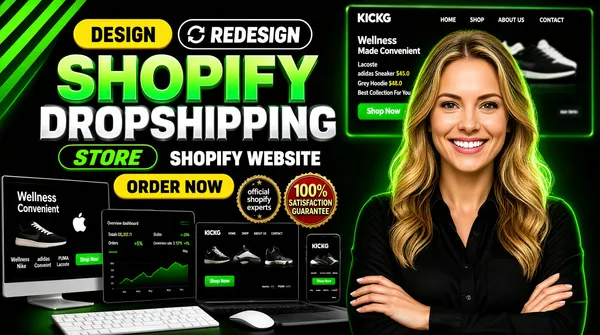 [Format]
Professional Fiverr gig cover, landscape 16:9 banner, high-impact dark e-commerce style with glowing green 3D type and a device cluster. No watermark, no personal names.

[Layout]
A near-black background energised by electric-green light streaks and glow effects, with a striped green diagonal shape in the top-left and a blurred storefront screenshot in the top-right. The left two-thirds carry the headline stack, badges and device mockups; the subject occupies the right third.

[Subject]
Right third, chest-up: a white / Caucasian woman with long wavy honey-blonde hair, wearing a black button-up shirt, arms folded, smiling broadly at the camera. Green rim glow separates her from the dark ground.

[Headline]
Stacked on the left: a yellow pill with "DESIGN" in black caps, a white circular-arrows refresh icon, and an outlined pill with "REDESIGN" in white caps; then "SHOPIFY" in enormous heavy caps with a green-to-dark-green gradient and 3D bevel; then "DROPSHIPPING" in very heavy silver-white caps; then "STORE" in green italic caps inside a dark outlined pill beside "SHOPIFY WEBSITE" in white caps. Below, a yellow rounded pill button with "ORDER NOW" in black caps and a white cursor-hand icon.

[Badges]
Between headline and devices: a black rosette with a gold rim reading "official shopify experts" in white and gold, a gold-and-red "100% SATISFACTION GUARANTEE" seal, and the green Shopify bag logo at the top. Top-right: a blurred dark store page with brand logos including Lacoste, adidas and PUMA, product tiles reading "White Sneaker $45.0" and "Grey Hoodie $48.0", and the line "Best Collection For You".

[Devices]
Lower-left: a monitor, an open laptop, a tablet and a smartphone all showing the same dark sneaker store branded "KICKG" with a "HOME SHOP ABOUT US CONTACT" bar, the headline "START YOUR REVOLUTION" beside a black-and-green sneaker, a row of Nike, adidas, PUMA and Lacoste logos, and a green "Shop Now" button; one monitor variant reads "Wellness Made Convenient" with an Apple logo. Beside them, a dark analytics laptop screen titled "Overview dashboard" showing "Total sales $15,357.71", "Orders 321 +5%", "Conversion rate 3.12% +5%", and a green line chart over a May date axis. A white keyboard and mouse sit in front.

[Mood]
High-voltage, sales-driven and premium; black ground with glowing green 3D type, proof badges and a full storefront-device family.