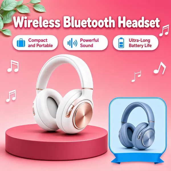 [Format]
Professional e-commerce product main image, square 1:1, soft fresh-pastel audio style with a pink podium stage, floating music notes and a clean white headset hero.

[Colors]
Powder-pink gradient background in the #f2b8c6 to #e88aa8 range with a deeper rose round podium, primary accent white product with rose-gold trim, sky-blue inset frame and mint leaf accents at the top-left corner; No frame border.

[Layout]
The headline sits at the top with a row of three small white claim pills beneath it; the white wireless headset stands three-quarter on the pink circular podium occupying the centre-left; thin music-note line icons float at the sides; a blue-bordered rounded inset tile in the lower-right shows a second colourway with a small caption ribbon.

[Subject]
A white over-ear wireless Bluetooth headset with plush padded earcups, silver ring accents, a brushed metal control disc on the earcup and a padded headband, posed upright with one earcup slightly angled; soft even light, gentle contact shadow, no people.

[Headline]
Top centre: "Wireless Bluetooth Headset" in bold white rounded caps with a soft pink shadow. Beneath, three white rounded pills with small blue icons and pink text: "Compact and Portable", "Powerful Sound", "Ultra-Long Battery Life". The inset tile caption sits on a slim blue ribbon under the second colourway.

[Mood]
Sweet, light and gift-shop friendly; pastel pink softness framing a crisp white audio hero.