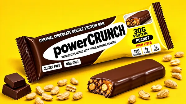 [Format]
Landscape 16:9 gig cover, punchy commercial snack-bar product photography on a solid colour sweep. Studio lighting with a crisp directional shadow and high saturation. No watermark, no personal names.

[Layout]
Flat saturated sunflower-yellow seamless background filling the whole frame. The composition runs on a diagonal: a long flow-wrap bar package lies at roughly thirty degrees from lower-left to upper-right across the centre, its crimped fin seals splayed at both ends. Below and to the right of it, in the same diagonal direction, a second opened bar with a bite taken out rests on the surface. Scattered at the lower-left are two stacked chocolate chunks, and a loose scatter of shelled peanuts runs across the bottom-left and mid-right. The wrapper body splits into a dark chocolate-brown panel on the upper-left half and a bright yellow panel on the lower-right half, with a small photo window of the cut bar at the upper-right. Everything casts soft directional shadows onto the yellow ground.

[Subject]
None — packaging plus food styling. The subject is the wrapped bar and the bitten bar lying beside it. The wrapper shows a photoreal chocolate-coated bar with a nut-and-caramel cross-section visible through the sleeve.

[Headline]
On the wrapper, "CARAMEL CHOCOLATE DELUXE PROTEIN BAR" runs in small white uppercase along the brown panel, above a large bold brand wordmark set black on a white swoosh area — a private two-word maker mark that reads here as a heavy rounded lowercase word joined to a bold caps word. Beneath it a thin caps line reads "NATURALLY FLAVORED WITH OTHER NATURAL FLAVORS". On the yellow half, "30G PROTEIN" sits in heavy black caps with a yellow spotlight, "PEANUT" in a black lozenge, "HIGH FIBER" in red caps on a yellow ribbon, and three stacked stat blocks read "180 CALORIES", "1g CARBS" and "1g SUGAR" in heavy black over white plates.

[Badges]
No platform badges. On-pack only: two small white rectangles reading "GLUTEN FREE" and "NON-GMO" side by side on the brown panel.

[Mood]
Palette is saturated sunflower yellow, deep chocolate brown, cream and black with red accents. Bold, energetic and appetite-driven. At thumbnail size the diagonal bar on flat yellow with the bold wordmark reads instantly as a snack-bar cover.