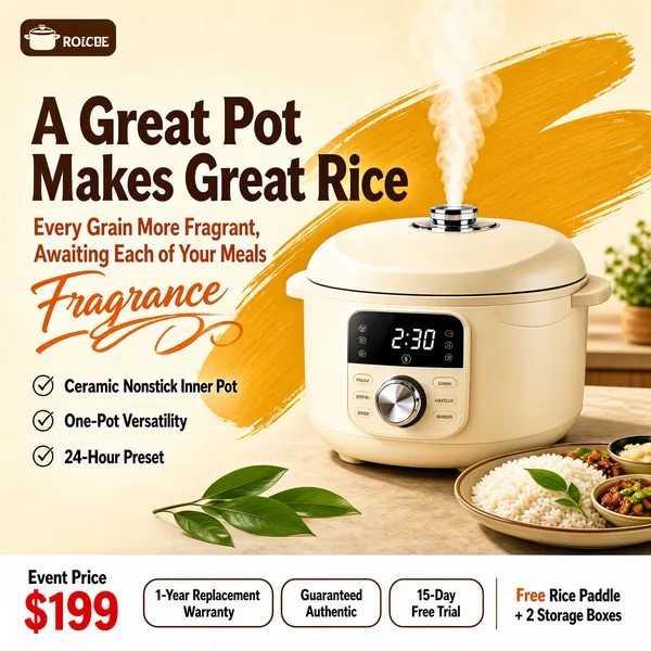 [Format] Professional e-commerce product main image, square 1:1, warm homestyle appliance style with steam-fresh comfort. [Colors] Creamy beige backdrop #efe6d5 with a huge ochre calligraphy stroke, ivory rice cooker #f2ead8, brown and orange headline type, a white bottom band with red numerals, a side plate of food and green leaves, no frame border. [Layout] Logo chip top-left, a two-line headline with a sub-line and script flourish on the left, a three-item check list beneath, the round cooker at center-right exhaling a curl of steam, and a white footer strip stacked with service pills and a gift note. [Subject] A rounded cream multi-cooker with a domed lid, a small digital display showing 2:30, a chrome knob and standing steam above the vent, placed on a warm tabletop beside a plate of dishes. [Headline] A Great Pot Makes Great Rice in brown letters with Every Grain More Fragrant, Awaiting Each of Your Meals beneath and a script Fragrance accent; checks list Ceramic Nonstick Inner Pot, One-Pot Versatility, 24-Hour Preset; the footer gives Event Price $199 and pills for 1-Year Replacement Warranty, Guaranteed Authentic, 15-Day Free Trial plus Free Rice Paddle and 2 Storage Boxes. [Badges] The three outlined service pills along the bottom act as guarantee badges. [Mood] Homey, appetizing and dependable, with cozy kitchen warmth in every curve.