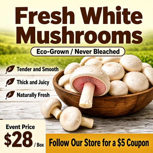 [Format]
Professional e-commerce product main image, square 1:1, fresh farm-produce promo style with bold brown display type over a rustic tabletop scene.

[Colors]
The upper background is a warm green field blur fading into cream at the top (#c8d8b0 range); the tabletop is pale whitewashed wood; headline type is deep coffee brown (#6b3a1e); the bottom price block is cream and the bottom-right band is golden brown (#a8722e) with dark type. No frame border.

[Layout]
The huge headline spans the top; a rounded outline pill sits beneath it holding two claims; three short benefit lines stack on the left edge; a wooden bowl piled with mushrooms fills the right two-thirds with one mushroom leaning forward; the bottom fifth splits into a price tag on the left and a full-width promo band on the right.

[Subject]
No people. A rustic brown wooden bowl heaped with fresh white button mushrooms, their smooth ivory caps dusted with tiny water droplets; one large mushroom leans out toward the viewer showing its pink-blushed gills and stout stem, with two loose mushrooms resting on the whitewashed boards below, soft daylight from the upper left.

[Headline]
Top in very heavy brown display caps: "Fresh White Mushrooms". Under it, an outlined rounded pill with "Eco-Grown / Never Bleached". Left column in brown with small leaf dashes: "Tender and Smooth", "Thick and Juicy", "Naturally Fresh". Bottom-left tag: "Event Price" above a giant "$28" with the unit "/ Box". Bottom brown band in bold dark type: "Follow Our Store for a $5 Coupon".

[Badges]
None beyond the outlined claim pill.

[Mood]
Wholesome, earthy and appetizing; farm-stand freshness emphasized by chunky brown lettering.