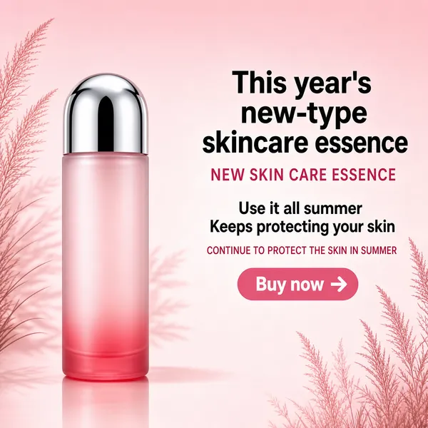 [Format]
Professional e-commerce product main image, square 1:1, soft summer-skincare advertising style.
[Colors]
A blush-pink gradient background #f6d7dc with faint feathery grass silhouettes at the left and lower right; a frosted pink bottle with a mirror-silver cap; dark charcoal and pink type. No frame border.
[Layout]
Bottle hero on the left; a right-aligned text block occupies the upper right; a small pink pill button beneath it.
[Subject]
A cylindrical skincare essence bottle of frosted glass with a rose-pink gradient at the base and a polished silver dome cap reflecting a soft highlight, standing in airy light with delicate grass shadows behind and a faint reflection beneath. No people.
[Headline]
Right block, dark charcoal bold text on two lines: "This year's new-type skincare essence"; beneath it pink small caps: "NEW SKIN CARE ESSENCE"; then two dark lines: "Use it all summer" and "Keeps protecting your skin"; under those, tiny pink caps: "CONTINUE TO PROTECT THE SKIN IN SUMMER".
[Badges]
A rose-pink rounded pill button with white text and a right arrow: "Buy now".
[Mood]
Light, feminine and seasonal; pink feather-soft airiness with a glossy silver-pink bottle, gentle seasonal daily-care feel.