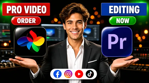 [Format]
Landscape 16:9 gig cover, smiling presenter centered on a blurred edit-suite background, balancing two giant glossy software badges on his open palms, with split corner headlines. Bright commercial composite finish. No watermark, no personal names.

[Layout]
A man stands centered, waist-up, smiling broadly, both forearms extended out and down to his sides with palms up; on each palm floats an oversized glossy rounded-square app badge, one at mid-left and one at mid-right of the frame. The background is a dark blurred editing studio with monitors and warm orange bokeh, plus faint glowing green watermarks floating near the top corners. Top-left: a red rectangle plate with a white headline word; top-right: a blue rectangle plate with a white headline word. Directly under each plate hangs a small pill button — red under the left, green under the right. At the bottom center, a white horizontal pill contains a row of four small round social icons overlapping the man's chest line.

[Subject]
A young man in his twenties, wavy brown hair swept up, tanned skin, wearing a dark grey suit jacket over an open white shirt, big genuine smile with teeth, looking straight at camera, evenly lit.

[Headline]
(1) Top-left red plate: "PRO VIDEO" in white extra-bold caps; (2) top-right blue plate: "EDITING" in white extra-bold caps; (3) under the left plate a red pill with white caps "ORDER"; (4) under the right plate a green pill with white caps "NOW" — so the headline reads across the top as one sentence.

[Badges]
Two giant app badges on his palms: the DaVinci Resolve mark, a black tile with a glossy multicolour three-petal swirl, and the Adobe Premiere Pro mark, a deep-blue tile with a large light "Pr". Bottom-center white pill with four round social icons: the Facebook mark (blue with a white "f"), the Instagram mark (gradient camera square), the YouTube mark (red play button) and the TikTok mark (black music note).

[Mood]
Dark warm studio with red/blue/green type pops and glossy badges — upbeat, confident, marketplace-friendly. At thumbnail size the smiling face between two floating badges is the signature.