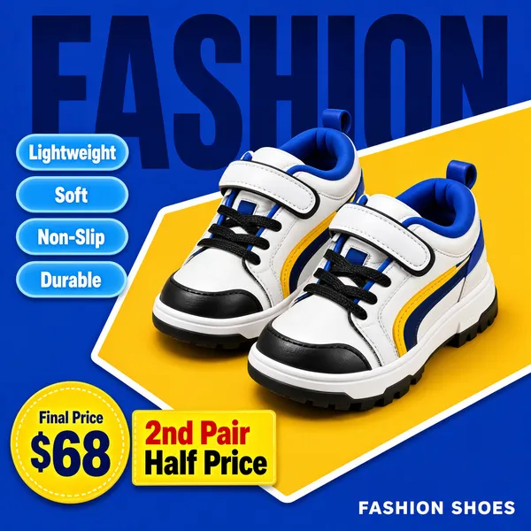 [Format]
Professional e-commerce product main image, square 1:1, bold colour-block kids-footwear style with giant ghost typography and a framed hero panel.

[Colors]
Strong cobalt blue ground (#2255b8) with an enormous translucent darker-blue "FASHION" wordmark ghosted behind the top; a tilted golden-yellow panel outlined in white holds the shoes; light blue feature pills at left; a yellow price medallion bottom-left. No frame border.

[Layout]
The yellow angled panel sweeps from mid-left down to the right edge, its white inner border doubling the frame. The sneaker pair sits large on the panel, toe pointing down-right. Four blue pills stack along the left edge. The bottom-left clusters a yellow circle price and a yellow tag; tiny white caps sit bottom-right.

[Subject]
No people. A pair of toddler sneakers in white leather with black toe caps, royal-blue collar and heel trim, dual white hook-and-loop straps, black laces over the tongue, a yellow-and-navy side stripe, and a chunky white midsole with black tread; studio-bright, crisp edges.

[Headline]
No visible promotional slogan — the ghosted "FASHION" letters act as backdrop art. Left pills read "Lightweight", "Soft", "Non-Slip", "Durable".

[Badges]
Bottom-left yellow circle: "Final Price" small over "$68" in big dark numerals; beside it a yellow rectangle tag "2nd Pair Half Price" in red and black. Bottom-right tiny white letterspaced caps "FASHION SHOES".

[Mood]
Playful, sporty and punchy; primary blue-and-yellow blocking, oversized ghost type, cheerful kid-energy.