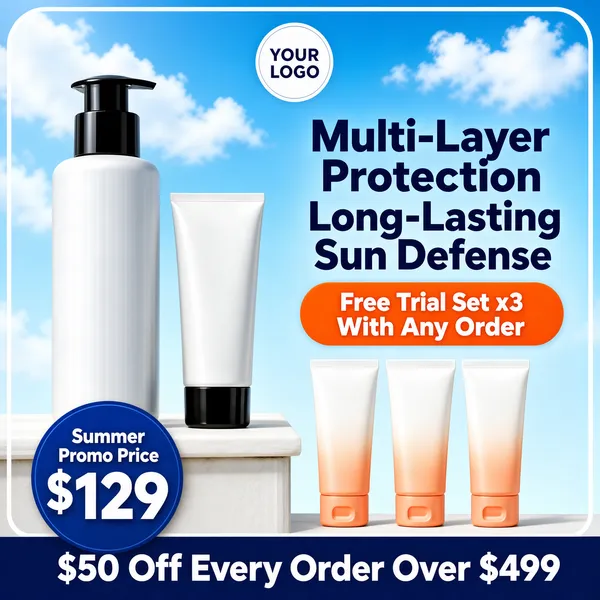 [Format]
Professional e-commerce product main image, square 1:1, bright airy skincare-promo style with soft sky photography and clean bold sale typography.

[Colors]
Sky-blue background in the #7ec3ee range with soft white clouds drifting across the top, pale silver-white product tones, one vivid orange accent pill, a deep blue footer band and a thin rounded white inner frame.

[Layout]
Two white sunscreen bottles occupy the left half on a pale sill; the headline block sits upper right; an orange offer pill and a row of three trial tubes sit mid-right; a round price medallion overlaps the bottom left and a full-width blue banner runs along the bottom edge; a small round logo placeholder reading "YOUR LOGO" sits top centre.

[Subject]
Left: a tall white pump bottle with a black dispenser head beside a smaller white squeeze tube with a black base, both standing on a white ledge in soft daylight. Right: three slim trial-size tubes with white-to-peach gradient bodies lined up in a row, slightly overlapping.

[Headline]
Right of centre: "Multi-Layer Protection" and "Long-Lasting Sun Defense" stacked in heavy dark-navy caps; below them a rounded orange pill with white bold text "Free Trial Set x3 With Any Order"; bottom-left round blue badge with small white text "Summer Promo Price" above "$129" in enormous white numerals; the blue bottom banner reads "$50 Off Every Order Over $499" in bold white.

[Mood]
Fresh, sunny and trustworthy; cool sky blues with a single orange burst, generous spacing and instant sale clarity.