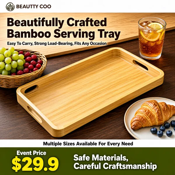 Professional e-commerce product main image, square 1:1, warm home-lifestyle tabletop style styled like a cozy breakfast scene.

[Colors]
The scene is warm natural wood — a rich walnut tabletop with a lighter oak background board (#a87848 range); the tray is pale blond bamboo; accents are fresh green grapes, red berries, a glass of iced tea and a buttery croissant; headline type is deep brown; the bottom band is olive green (#5a7030) with white and yellow type. No frame border.

[Layout]
The top edge carries a small logo bar; the two-line headline sits upper-left over the wood; the rectangular bamboo tray lies at a gentle diagonal across the centre, front edge lowered; a woven fruit basket, glass of tea and croissant plate fill the corners; a full-width olive banner anchors the bottom with price and copy lines.

[Subject]
No people. A rectangular bamboo serving tray with warm honey-toned grain, raised rim and two oval cut-out side handles, resting flat on a dark walnut table; behind it a glass of lemon iced tea, a woven basket of green grapes and berries, and a plate with a croissant and blueberries create a relaxed breakfast setting in soft window light.

[Headline]
Upper left in heavy deep-brown sans-serif: "Beautifully Crafted Bamboo Serving Tray"; beneath in smaller brown: "Easy To Carry, Strong Load-Bearing, Fits Any Occasion".

[Badges]
Bottom olive banner: "Event Price" above a huge yellow "$29.9"; a white strip above reads "Multiple Sizes Available For Every Need"; bold white closing line: "Safe Materials, Careful Craftsmanship".

[Mood]
Warm, wholesome and practical; sunlit wood textures and breakfast props presenting the tray as everyday kitchen elegance.