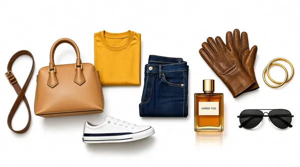 [Format]
Landscape 16:9 gig cover, e-commerce product cut-out flat-lay. Bright catalogue finish with soft contact shadows. No watermark, no personal names.

[Layout]
A clean near-white seamless background with only soft drop shadows and faint mirrored reflections to ground each item; the products spread in a single loose horizontal band across the full width, all roughly the same visual weight and barely overlapping. A tan leather handbag dominates left-of-centre as the largest object. Behind and right of it sits a folded yellow t-shirt; just right of centre a stack of folded indigo jeans; lower-centre-left a white low-top sneaker angled three-quarter; centre-right a tall square glass perfume flacon; upper-right a pair of brown leather gloves; far-right a small stack of gold bangles above a pair of dark aviator sunglasses; and a brown leather crossbody strap curls at the far left edge. The arrangement reads left to right as bag, tee, denim, shoe, fragrance, gloves, jewellery, eyewear.

[Subject]
none human — a product set only: a tan top-handle handbag, a yellow crew-neck tee, folded blue jeans, a white canvas low-top sneaker with a dark side stripe, a square amber perfume bottle with a gold cap and a small cream label, brown hand-stitched driving gloves, three stacked gold bangles, and dark aviator sunglasses. Each item is cut out cleanly and floats in even studio light. The perfume label shows a short elegant all-caps placeholder fragrance name of about two words rather than any real product name.

[Headline]
none — no text anywhere except the tiny neutral placeholder wordmark on the perfume label.

[Badges]
none.

[Mood]
Bright white with tan, mustard and indigo accents; airy, retail, catalogue-clean. The even row of cut-outs and the white field keep every product crisp at thumbnail size.