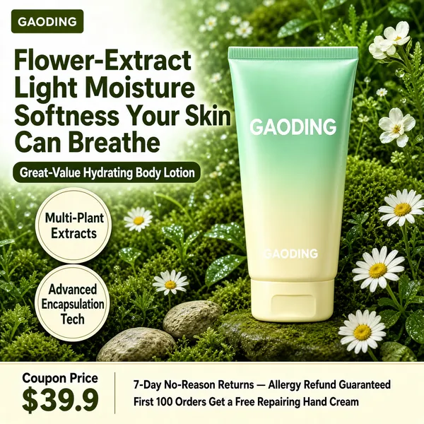 [Format]
Professional e-commerce product main image, square 1:1, botanical skincare style with lush greens.

[Colors]
Background a mossy meadow of real green plants (#3e6b3f range) with small white daisies and stones; accents a mint-to-cream gradient tube (#bfe3c2), olive-green headline type and a cream footer band. No frame border.

[Layout]
A small logo chip top left; the two-line headline at the upper left with a green claim chip beneath; the tube stands upright on a mossy stone at the right; two cream roundels sit mid-left; a cream footer bar runs along the bottom.

[Subject]
No people. A soft-touch squeeze tube with a mint-to-cream vertical gradient, "GAODING" printed twice in white and a flat flip cap, standing among live moss, daisies and white blossoms with dewy freshness.

[Headline]
Upper left in olive bold: "Flower-Extract Light Moisture" over "Softness Your Skin Can Breathe"; a green rounded chip with white text "Great-Value Hydrating Body Lotion"; the roundels read "Multi-Plant Extracts" and "Advanced Encapsulation Tech"; the footer shows small dark "Coupon Price" over "$39.9" in big olive numerals, plus lines "7-Day No-Reason Returns — Allergy Refund Guaranteed" and "First 100 Orders Get a Free Repairing Hand Cream".

[Badges]
The two cream roundel seals mid-left.

[Mood]
Fresh, botanical and honest; living greens with a soft mint tube and gentle value messaging.