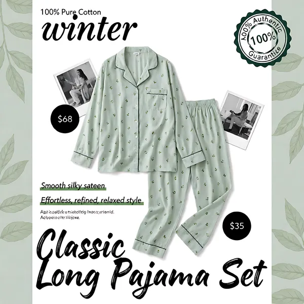 [Format]
Professional e-commerce product main image, square 1:1, clean loungewear-catalogue style on white with sage-green accents.

[Colors]
White #ffffff background; pale sage-green #dfe8dc side panels with a faint leaf print; black script and brush type; dark green stamps and underlines; no frame border.

[Layout]
Title block at the top-left; a green authenticity stamp at the top-right; the pajama set floating centre-right with black circular price tags; polaroid snapshots tucked behind the garments; feature pills and the collection name along the bottom.

[Subject]
A long-sleeved button-up pajama set in soft mint printed with small green motifs — relaxed shirt and full-length trousers laid out floating with natural folds; two small black-and-white polaroid photos tucked behind the sleeves at an angle.

[Headline]
Top-left: "100% Pure Cotton" in small black caps over the large italic word "winter". Bottom: "Classic Long Pajama Set" in large brush-style black. Mid-left green-underline pills: "Smooth silky sateen" and "Effortless, refined, relaxed style" with tiny English captions beneath each. Round stamps: a dark-green double-ring seal "100% Authentic Guarantee" at the top-right; black circles reading "$68" beside the shirt and "$35" at the lower right.

[Mood]
Relaxed, cozy and boutique; soft sage and white with scrapbook-style tags and honest cotton comfort.