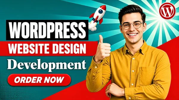 [Format]
Professional Fiverr gig cover, landscape 16:9 banner. Retro comic-strip advertising style with sunburst rays, saturated colour bands and bold stacked type. No watermark, no personal names.

[Layout]
A teal background with lighter sunburst rays radiating from the upper right, a big red diagonal wedge sweeping across the lower right, and a halftone dot pattern fading in the lower-left corner. The headline runs as three stacked bands on the left; the subject occupies the right half and bleeds off the right and bottom edges.

[Subject]
Right side, waist-up: a young white / Caucasian man with short dark swept-back hair and thin wire-rimmed glasses, wearing a mustard-yellow button-up shirt with a chest pocket, smiling broadly at the camera, one arm raised in a thumbs-up beside the headline and the other arm folded across his waist. Bright, even light, clean cut-out. No text or watermark on the subject.

[Headline]
Stacked on the left, left-aligned: "WORDPRESS" in very heavy white condensed caps on a dark charcoal rectangle; "WEBSITE DESIGN" in very heavy white condensed caps on a solid red band running to the subject; "Development" in a heavy white serif-flavoured face with a capital D directly on the teal. Below, a red rounded pill button with "ORDER NOW" in bold white italic caps.

[Badges]
Top-right corner: a circular badge with the WordPress "W" in white on red. Near the top-centre, a small 3D cartoon rocket in white, red and navy flies upward with a puff of smoke.

[Graphic accents]
Sunburst rays, the red diagonal wedge and the dotted halftone corner texture.

[Mood]
Playful, energetic and retro-punchy; teal-and-red comic palette with mustard warmth, stacked display bands and a thumbs-up human moment.