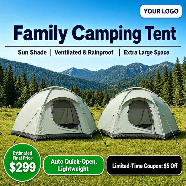 [Format]
Professional e-commerce product main image, square 1:1, breezy outdoor camping scene with family tents and fresh green offer chips.

[Colors]
Sky blue above forested mountains; pale grey-green dome tents; dark navy headline text (#22303a); fresh green accents (#5abf6a) on the price circle and pill; a black coupon bar with white text; white logo chip. No frame border.

[Layout]
The headline sits top center with a divided feature strip beneath it; a logo chip is at the top right; two dome tents span the lower half on a grassy meadow; the bottom row arranges a green price circle on the left, a green pill in the center and a black coupon bar on the right.

[Subject]
Two light grey-green family dome tents pitched on a grassy meadow before forested mountains under a clear sky, guy lines and poles visible.

[Headline]
'Family Camping Tent' in bold navy sans-serif; feature strip: 'Sun Shade | Ventilated & Rainproof | Extra Large Space' separated by thin rules; green circle: 'Estimated Final Price' above '$299'; green pill: 'Auto Quick-Open, Lightweight'; black bar: 'Limited-Time Coupon: $5 Off'.

[Badges]
Green price medallion; black coupon strip; top-right 'YOUR LOGO' chip.

[Mood]
Breezy outdoor family-adventure freshness with clean, trustworthy styling.