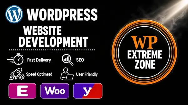 [Format]
Professional Fiverr gig cover, landscape 16:9 banner. Dark minimal service-card style with line icons and a circular brand seal. No watermark, no personal names.

[Layout]
A near-black background with a soft diagonal light streak in the upper right and a faint smoky glow along the edges. The left two-thirds hold a stacked headline and feature grid; the right third is dominated by a large circular seal badge.

[Subject]
No people. A type, icon and badge composition.

[Headline]
Top-left: the WordPress circular logo in its blue-and-white form, then "WORDPRESS" in very large white caps beside it. Below, stacked and indented: "WEBSITE" in heavy white caps and "DEVELOPMENT" in heavy white caps, with a short dotted rule beneath.

[Badges]
On the right, a large circular seal outlined with a double orange-and-white ring on the dark ground, containing "WP" in orange serif caps above "EXTREME ZONE" in white caps on two lines. Lower-left: two columns of feature items with thin white line icons and white labels — "Fast Delivery" with a stopwatch trailing speed lines, "SEO" with a magnifier over a rising chart, "Speed Optimzed" with a rocket-and-gear icon, and "User Friendly" with a person-at-laptop icon. Along the bottom, three rounded app tiles: the magenta Elementor "E", the purple "Woo" speech bubble and the purple-and-red Yoast tile.

[Mood]
Dark, technical and self-assured; near-black ground with white line work, one warm orange seal accent and tidy iconography.