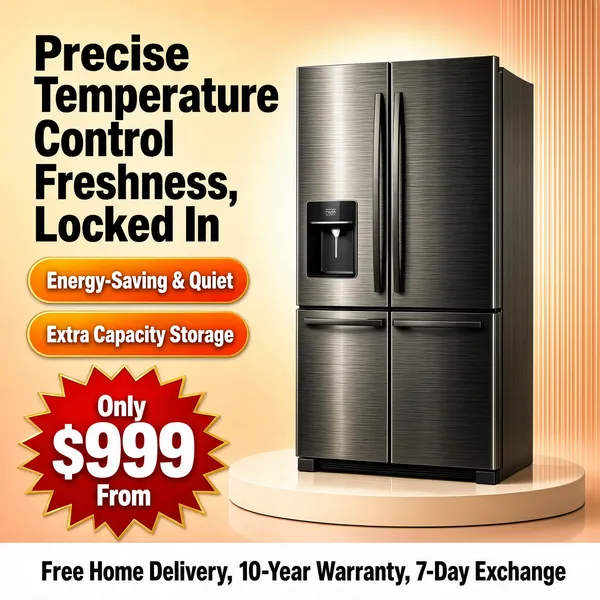 [Format]
Professional e-commerce product main image, square 1:1, premium home-appliance promo style. Warm, glossy and spacious with a showroom glow.

[Colors]
Background: warm champagne-to-peach gradient (#f3d9b8 range) with a soft radial glow and a round pale podium under the product. Display type: near-black charcoal. Accents: orange gradient pill tags, a red price burst with gold edge, thin pinstripe texture on the right. No frame border.

[Layout]
Headline block in the upper left; the fridge stands centre-right on the round podium with a soft reflection; two orange feature pills stack mid-left; the price burst anchors the lower left; a white service strip with dark text runs along the bottom edge.

[Subject]
A brushed-steel french-door refrigerator shown at a slight three-quarter angle, four doors, a small water-dispenser panel on the left door, subtle vertical brushed texture catching the warm light.

[Headline]
Upper left, two stacked lines of very heavy charcoal caps: "Precise Temperature Control" and "Freshness, Locked In". Two orange gradient pills: "Energy-Saving & Quiet" and "Extra Capacity Storage". Bottom-left red burst: "Only" small, then "$999" in very heavy white numerals with "From" beneath. Bottom strip in dark bold: "Free Home Delivery, 10-Year Warranty, 7-Day Exchange".

[Badges]
No badge row; the orange pills and red price burst carry all the promos.

[Mood]
Warm, confident appliance-retail; champagne glow with charcoal type and one saturated red price moment.