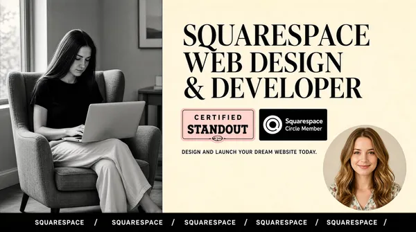 [Format]
Professional Fiverr gig cover, landscape 16:9 banner, designed like a premium editorial magazine layout. Refined, high-end, minimal. Muted greyscale photography paired with warm cream typography. No watermark, no personal names.

[Layout]
Two-panel editorial split. The LEFT panel (about 32% width, running full height) is a full-bleed desaturated black-and-white photograph. The RIGHT panel (about 68%) is a clean warm cream background carrying all the typography, badges and the colour subject. A hard vertical edge divides the two panels.

[Subject]
In the left panel: a young white / Caucasian woman with long dark hair, seen in three-quarter view, sitting on a grey upholstered armchair with her legs crossed, a silver laptop open on her lap, wearing a plain black short-sleeved top and light loose trousers, working with her head tilted down toward the screen. Monochrome, natural window light, slight film grain.
In the lower-right corner of the right panel: a second white / Caucasian woman with long wavy light-brown hair, shown as a head-and-shoulders cut-out inside a large circular frame, smiling gently at the camera, wearing a light floral top - full colour, isolated on the cream background.

[Headline]
Occupying the upper right panel, three stacked lines of very large high-contrast serif display type in near-black: line 1 "SQUARESPACE", line 2 "WEB DESIGN", line 3 "& DEVELOPER". Tight leading, elegant editorial serif, the ampersand prominent.

[Badges]
Below the headline, left-aligned: a rounded rectangular badge with a soft pink fill and black border containing the stacked text "CERTIFIED" in small letterspaced caps above "STANDOUT" in a bold slab serif with a small circle motif in the middle. To its right, a solid black rectangular badge carrying the Squarespace circular logo mark in white, followed by "Squarespace" in white with "Circle Member" in smaller white text underneath. Beneath both badges, a single line of small grey caps: "DESIGN AND LAUNCH YOUR DREAM WEBSITE TODAY."

[Footer]
A solid black bar spanning the full width along the very bottom edge, filled with the word "SQUARESPACE" repeated continuously and separated by forward slashes, in small white caps.

[Mood]
Editorial, premium, understated luxury; monochrome reportage photography against warm paper-like cream, sharp magazine-grade typography, generous negative space.