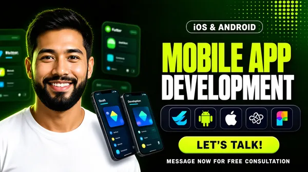 [Format]
Landscape 16:9 gig cover, dark green tech promo with floating app-card collage and a cut-out portrait. Saturated, high-gloss finish. No watermark, no personal names.

[Layout]
Full-bleed black-to-green gradient with blurred app-interface cards drifting in the background and a large dot-matrix patch in the top-right corner. The left 40 percent is a person cut-out rising from the bottom edge, cropped by the left frame. The right 60 percent carries the type: a slim outlined rounded-pill kicker at the top, a two-line headline beneath it, a pair of tilted phone mockups floating at the lower-left of the type column, a dark rounded-bar tile strip running across the lower right holding five small tiles, a lime rounded-pill button under the strip, and a small caps line at the very bottom edge.

[Subject]
A smiling young man with a neat dark beard, plain white crew-neck tee, chest-up, shoulders square to camera. He occupies the left 38 percent of the frame and is cropped at the bottom and left edges.

[Headline]
Top: iOS & ANDROID in bold uppercase sans, white, inside a slim outlined rounded pill. Middle: MOBILE APP in extra-heavy condensed uppercase sans, bright lime, very large, on the first line; DEVELOPMENT in the same face and weight in pure white on the second line. Bottom: LET'S TALK! in bold uppercase sans, dark navy, on a lime rounded-pill button, and beneath it MESSAGE NOW FOR FREE CONSULTATION in tracked uppercase sans, white, on the lowest edge.

[Badges]
A dark rounded tile strip holds five small rounded-square tiles in a row, each holding a platform logo: the Flutter mark as a blue-and-cyan angular chevron, the Android robot as a solid-green rounded mark with two short side nubs, the Apple logo as a white apple silhouette, the OpenAI logo as a small dark disc with an interlocking light knot shape, and the Figma logo as a small multicolour cluster of rounded lozenges.

[Mood]
Palette of black, deep green, electric lime, white and a hint of blue. Fresh, premium and product-led; the lime headline and lime button carry the thumbnail read.
