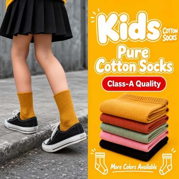 [Format]
Professional e-commerce product main image, square 1:1, playful street-style kidswear layout splitting urban photography from a saturated marigold promo panel.

[Colors]
Left photo in cool urban greys and asphalt tones; right panel saturated marigold yellow (#f5a623 range) with white outlined display type and red pill accents.

[Layout]
A hard vertical split: the left 45% is the photo; the right 55% carries the headline, a red pill, a folded-socks stack photo and two white sock doodles at the bottom.

[Subject]
Left photo: the legs of a fair-skinned young model in a black pleated skirt and mustard ribbed crew socks, stepping in black-and-white low-top canvas sneakers on a concrete curb. Right panel: a neat stack of folded socks in mustard, rust, sage, pink and black.

[Headline]
Right panel, stacked: "Kids" in fat white bubble letters with "COTTON SOCKS" in small white script beside it; below "Pure Cotton Socks" in white outlined display type; a red rounded pill with white text "Class-A Quality"; bottom white script "More Colors Available" flanked by white sock line-doodles.

[Mood]
Playful street-style kidswear energy; warm marigold yellow against urban grey with chunky outlined type.