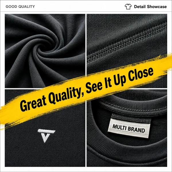 [Format]
Professional e-commerce product main image, square 1:1, quality-proof detail-grid style for apparel.

[Colors]
White ground; deep charcoal fabric macro tiles filling four quadrants; a yellow painted brushstroke band across the centre (#f7c81e); black type on yellow, grey micro-copy on white.

[Layout]
A slim header line at the top with small caps at the left and a tee icon plus label at the right; the frame divides into a 2x2 grid of macro fabric shots; a yellow brush band runs diagonally across the centre carrying the slogan.

[Subject]
Macro tiles of charcoal-black cotton jersey: a twisted fabric swirl showing weight and drape, a flatlock seam close-up, a small white embroidered chest logo, and the inner neckline with a woven brand label reading MULTI BRAND. No people.

[Headline]
Yellow band: "Great Quality, See It Up Close" in bold black; header micro-copy: "GOOD QUALITY" in grey caps and "Detail Showcase" at the right with a tiny tee glyph.

[Badges]
None.

[Mood]
Honest, tactile and craft-focused; monochrome fabric textures with one confident yellow accent.