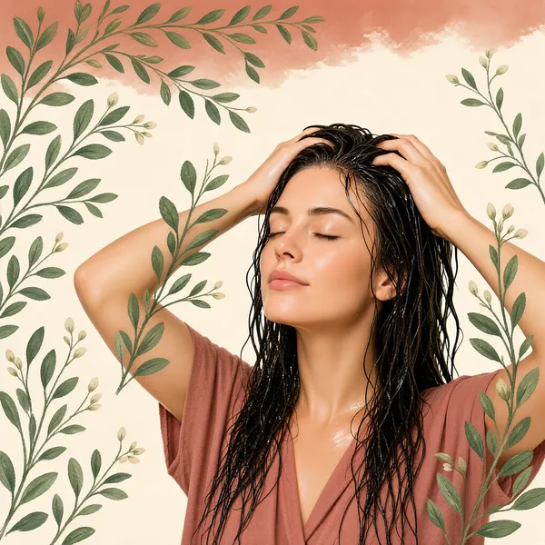 [Format]
Professional e-commerce product main image, square 1:1, soft botanical beauty-illustration style. Hand-painted foliage pattern layered over gentle portrait photography, muted, soothing and spa-like.

[Colors]
Warm off-white cream "#f2ead9" background; dusty terracotta pink "#d98f7e" wash across the top edge; sage green "#7a8f6a" illustrated leaves; soft peach skin tones and a muted terracotta-rose top. No frame border.

[Layout]
The portrait sits centre-right, shown chest-up with the head tilted slightly back, face turned three-quarters toward the light. A repeating pattern of slender hand-drawn branches with small oval leaves flows across the entire square, denser along the left edge and top corners, partly overlapping her arms and hair, and thinning to generous empty cream negative space around her face and the upper right.

[Subject]
A serene young white / Caucasian woman with long dark wet hair, eyes closed and lips relaxed in quiet enjoyment, both arms raised with hands running through her hair as if washing it under water, wearing a loose dusty-pink top; the foliage is painted in flat gouache style with visible brush texture, several branches bearing tiny pale buds.

[Headline]
None — the design carries no typography and relies entirely on imagery.

[Mood]
Calm, natural and clean; a quiet haircare moment wrapped in gentle botanical illustration.