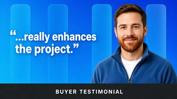 [Format]
Landscape 16:9 gig cover, testimonial card style with blue gradient background and quote typography. Clean corporate finish. No watermark, no personal names.

[Layout]
The cover is split into two horizontal zones. The upper two-thirds is a bright blue background with translucent vertical rounded rectangles and a man's headshot on the right. The bottom third is a dark charcoal bar. A large quotation block sits on the left side of the blue zone.

[Subject]
A man in his thirties with short brown hair and a reddish beard, smiling gently, wearing a blue zip-up fleece over a white shirt. Cropped at the chest, positioned on the right, cut out onto the blue background.

[Headline]
Upper-left in large white sans-serif with quotation marks: a multi-line testimonial quote ending with "...really enhances the project." Bottom bar in spaced white sans-serif all-caps: "BUYER TESTIMONIAL".

[Badges]
none

[Mood]
Bright blue with white type and dark charcoal footer. Trustworthy, corporate, testimonial-driven; reads at thumbnail as a social-proof voice-over gig.