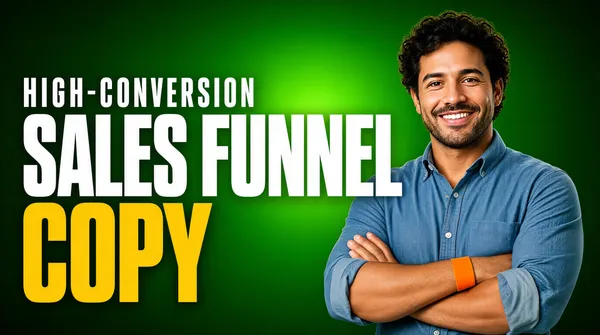 [Format]
Landscape 16:9 gig cover, modern gradient portrait with bold stacked typography. Polished commercial finish. No watermark, no personal names.

[Layout]
The right half of the frame is filled by a man with crossed arms; the left half holds a three-line headline stack aligned to the left. The background is a smooth green radial gradient, darker at the edges and lighter toward the center-left, creating depth behind the type.

[Subject]
A smiling man with curly dark hair and a light beard, wearing a chambray button-down shirt with sleeves rolled up and an orange wristband, arms crossed, positioned on the right third and overlapping the text. Even studio-style lighting.

[Headline]
Top line in a narrow white sans with wide letter-spacing reads "HIGH-CONVERSION". Below it, a very large bold white sans line says "SALES FUNNEL". The bottom word "COPY" is rendered in a heavy yellow sans of similar scale, sitting just below the second line.

[Badges]
none

[Mood]
Vibrant green gradient with white and yellow type; confident and energetic. The large condensed headline is readable at thumbnail size, and the smiling subject adds a human trust cue.