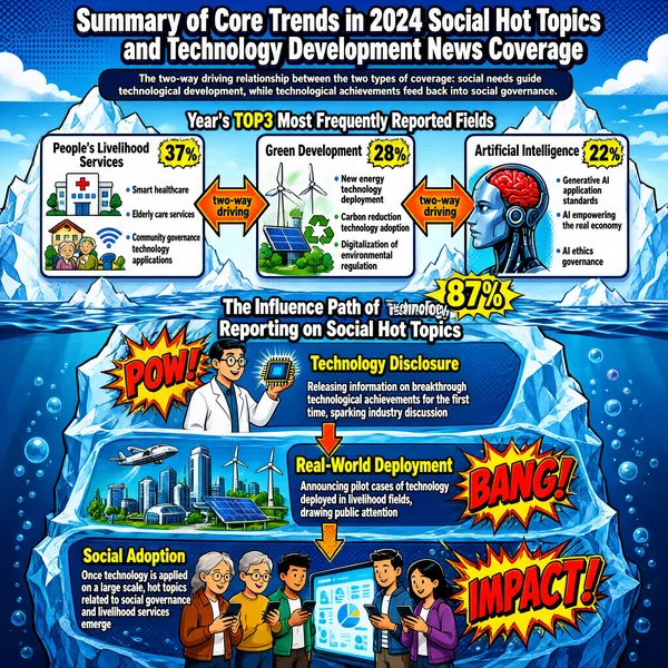 This infographic is presented in a comic style, themed "Summary of Core Trends in 2024 Social Hot Topics and Technology Development News Coverage," with a subtitle emphasizing "the two-way driving relationship between the two types of coverage: social needs guide technological development, while technological achievements feed back into social governance." The overall design adopts an underwater iceberg structure: the part above the waterline displays the year's TOP3 most frequently reported fields, while the part below the waterline reveals the influence path of technology reporting on social hot topics. The background is a blue ocean with icebergs, accented with dynamic lines, bubbles, and explosion effects, creating an energetic visual atmosphere.

**Above the waterline: Year's TOP3 most frequently reported fields**

This area consists of three main panels representing the three most frequently reported fields, connected by two-way arrows to convey the "two-way driving" relationship:

1. **People's Livelihood Services (37%)**
   - Icons: hospital building (with red cross), residential housing, Wi-Fi signal
   - Includes sub-items:
     - Smart healthcare
     - Elderly care services
     - Community governance technology applications

2. **Green Development (28%)**
   - Icons: wind turbines, solar panels, green recycling symbol
   - Includes sub-items:
     - New energy technology deployment
     - Carbon reduction technology adoption
     - Digitalization of environmental regulation

3. **Artificial Intelligence (22%)**
   - Icons: cyborg head (red brain, metallic body)
   - Includes sub-items:
     - Generative AI application standards
     - AI empowering the real economy
     - AI ethics governance

A percentage is labeled beneath each panel; the three add up to 87%, highlighted with yellow tags. The panels are connected by orange and red two-way arrows labeled "two-way driving."

**Below the waterline: The influence path of technology reporting on social hot topics**

This area sits inside the main body of the iceberg, divided into three progressive layers connected by downward arrows, showing the evolution from technology to social impact:

- **Layer 1: Technology Disclosure**
  - Illustration: a bespectacled scientist holding a chip, with the word "POW!" in the background
  - Caption: "Releasing information on breakthrough technological achievements for the first time, sparking industry discussion"

- **Layer 2: Real-World Deployment**
  - Illustration: a futuristic cityscape with high-rises, aircraft, solar panels, and wind turbines, with the word "BANG!" in the background
  - Caption: "Announcing pilot cases of technology deployed in livelihood fields, drawing public attention"

- **Layer 3: Social Adoption**
  - Illustration: four figures using smart devices (phones, large screens), with the word "IMPACT!" in the background
  - Caption: "Once technology is applied on a large scale, hot topics related to social governance and livelihood services emerge"

The entire infographic uses vivid color contrast (mainly blue, yellow, and red) combined with comic elements (such as explosion boxes, speech bubbles, and dynamic lines) to enhance readability and appeal. All text is in English, with clear fonts, distinct hierarchy, and explicit data encoding, fully presenting the trends of 2024 technology and social hot topic coverage and their underlying logical relationships.