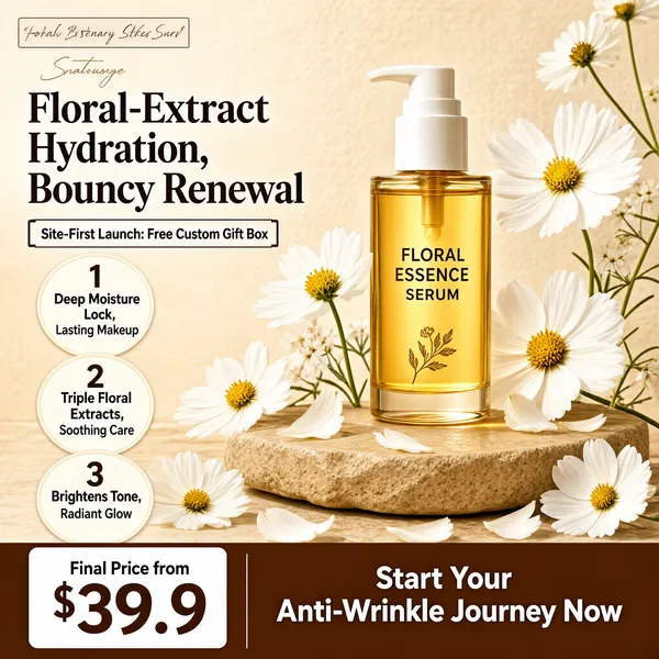 [Format]
Professional e-commerce product main image, square 1:1, warm beige floral serum scene with numbered benefits.

[Colors]
Warm beige-tan background (#e5d9c9 range) with white cosmos flowers; golden translucent serum bottle; deep brown display text; brown bottom band with white text; No frame border.

[Layout]
Logo chip top-left; big two-line headline upper-left with a script watermark and a bracketed launch pill; three numbered cream circles down the left; hero pump bottle center-right among petals on a stone; bottom band: white price card left and brown banner right.

[Subject]
A cylindrical glass bottle of golden floral essence serum with a white pump and fine brown lettering, standing on warm stone surrounded by fresh white blossoms.

[Headline]
Brown text "Floral-Extract Hydration, Bouncy Renewal"; bracket pill "Site-First Launch: Free Custom Gift Box"; circles "1 Deep Moisture Lock, Lasting Makeup", "2 Triple Floral Extracts, Soothing Care", "3 Brightens Tone, Radiant Glow"; bottom "Final Price from $39.9" and "Start Your Anti-Wrinkle Journey Now".

[Badges]
Three numbered benefit circles, launch pill, logo chip.

[Mood]
Warm botanical luxury with gentle anti-aging promises.