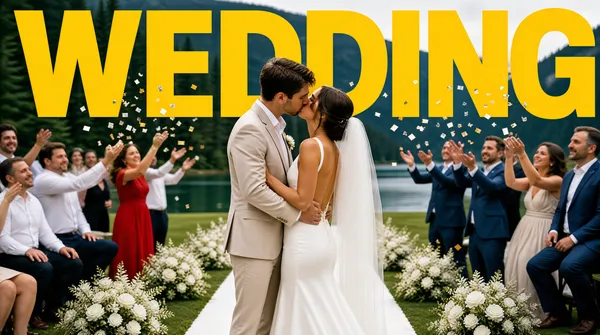 [Format]
Landscape 16:9 gig cover, cinematic full-bleed wedding photography with one oversized poster word laid over the image. Film-grade colour finish, soft natural light. No watermark, no personal names.

[Layout]
A single documentary wedding photograph fills the entire frame: an outdoor ceremony aisle on a lakeside lawn with forested mountains in the background, guests seated and standing on both sides, white flower arrangements lining the aisle, confetti drifting in the air. Centered in the photo, a bride and groom kiss on the white aisle. The only design element is one gigantic word placed across the upper third, running nearly edge to edge, sitting visually BEHIND the couple's heads — the groom's head overlaps the letters, so the word reads as layered into the scene depth. Dark moody grade with lifted greens; the word is the brightest element.

[Subject]
The kissing couple at center: groom in a light beige suit, bride in a white backless gown with a veil, mid-kiss, framed from mid-thigh up; around them, softly blurred wedding guests in white shirts, a red dress and blue suits, some tossing confetti. No cut-out subject — everything lives inside the photograph.

[Headline]
A single word: "WEDDING" in enormous extra-bold geometric sans caps, solid warm yellow, no outline, no shadow plate, spanning roughly 85% of the frame width across the upper third, partially occluded by the couple.

[Badges]
None.

[Mood]
Deep forest greens and slate blues with warm skin tones, punctuated by the flat yellow word — romantic, cinematic, editorial. At thumbnail size the yellow "WEDDING" over the dark landscape is the hook.
