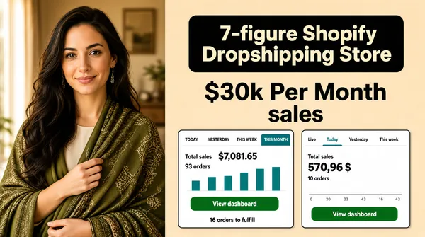 [Format]
Professional Fiverr gig cover, landscape 16:9 banner. Warm proof-driven split layout combining a portrait photograph with revenue dashboards. No watermark, no personal names.

[Layout]
Two-panel split. The LEFT panel (about 40% width, full height) is a full-bleed colour photograph in a warm interior. The RIGHT panel (about 60%) is a flat beige-tan field carrying a black title panel, a revenue claim and two dashboard cards side by side.

[Subject]
In the left panel: a young white / Caucasian woman with very long dark wavy hair, wearing an olive-green patterned shawl over a cream top and thin dangling earrings, one hand holding the shawl edge at her chest, gentle closed-lip smile, looking at the camera. Soft warm natural light. No text or watermark on the subject.

[Headline]
Top of the right panel: a black rounded panel with "7-figure Shopify Dropshipping Store" in cream type over two lines. Beneath, centred in bold dark text: "$30k Per Month" and "sales" on the next line.

[Devices]
Below the claim, two white analytics dashboard cards with thin dark frames, side by side: the first with tabs "TODAY YESTERDAY THIS WEEK THIS MONTH" (THIS MONTH active in teal), "Total sales $7,081.65", "93 orders", a green "View dashboard" button, a teal bar chart and a footer strip "16 orders to fulfill"; the second with a "Live" tab, "Today" active tab, "Yesterday" and "This week" tabs, "Total sales 570,96 $", "10 orders", a green "View dashboard" button and a teal bar chart with a faint date axis.

[Mood]
Quietly confident and results-led; warm beige and olive tones, editorial split composition, hard sales numbers front and centre.