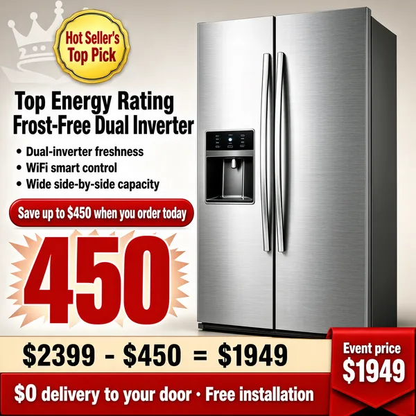 [Format]
Professional e-commerce product main image, square 1:1, big-ticket appliance style with a silver hero product, a gold crown badge and a math-style price reveal.

[Colors]
Background is a light warm grey studio gradient (#e8e4de) with a soft crown emblem top left; primary accents are brushed silver-grey on the fridge, red offer slabs (#e02020) and a red corner ribbon bottom right; a yellow-gold badge top left; no frame border.

[Layout]
A gold-outlined recommendation badge sits top left above the headline stack; three bullet lines follow; a red savings pill sits mid left with a big red "450" burst beneath; the fridge stands tall on the right, cropped at the top; a beige calculation strip and a red banner run along the bottom with a red ribbon corner at lower right.

[Subject]
A large side-by-side stainless-steel refrigerator with long vertical chrome handles, an ice-and-water dispenser with a small control panel on the left door, photographed at a slight angle with clean reflections. No people.

[Headline]
Gold badge: "Hot Seller's Top Pick" in red on gold. Headline: "Top Energy Rating" then "Frost-Free Dual Inverter" in very heavy near-black caps. Bullets: "Dual-inverter freshness", "WiFi smart control", "Wide side-by-side capacity". Red pill: "Save up to $450 when you order today" with "450" gigantic. Beige strip: "$2399 - $450 = $1949" in large numerals; red banner beneath: "$0 delivery to your door · Free installation" in white bold; red corner ribbon: "Event price $1949" in white.

[Badges]
No separate badges beyond the gold recommendation seal and the corner ribbon.

[Mood]
Premium, deal-heavy and decisive; silver appliance presence with red math that makes the discount undeniable.