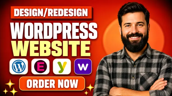 [Format]
Professional Fiverr gig cover, landscape 16:9 banner. Bold dark red-orange commercial advertising style with a chunky slab headline. Warm, high-contrast and confident. No watermark, no personal names.

[Layout]
A flat deep red-orange ground, slightly darker at the corners, with a faint blurred circular shape behind the subject on the right and a soft warm gradient across the middle. The left two-thirds hold the headline, icon strip and button; the subject occupies the right third and bleeds off the bottom-right corner.

[Subject]
Right third, cropped at the chest: a white / Caucasian man with dark hair, a full beard and moustache, a warm friendly smile, wearing a grey-and-black plaid button-up shirt with the sleeves rolled, arms folded. Warm studio light, sharp focus, looking straight at the camera.

[Headline]
Stacked on the left, left-aligned: "DESIGN/REDESIGN" in bold white caps inside an orange-red slab with a darker offset shadow beneath it; then "WORDPRESS" in very heavy white caps; then "WEBSITE" in very heavy pale-yellow caps. Below, a coral-orange rounded slab with "ORDER NOW" in bold white caps.

[Badges]
Between the headline and the button, a single row of four rounded app tiles: the blue WordPress circle, the pink-and-dark Elementor mark, the green-and-yellow Yoast mark and a purple tile with a white "w".

[Graphic accents]
Four small yellow-and-orange four-point sparkle stars scattered around the order button and along the bottom edge.

[Mood]
Warm, dependable and straightforward; a rich red-orange field with chunky white slab type, a bright platform strip and a friendly human presence on the right.