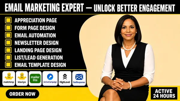 [Format]
Landscape 16:9 gig cover, bold infographic checklist style with flat blocks and crisp edges. Clean vector finish, no watermark, no personal names.

[Layout]
The frame is split roughly 55/45 vertically. The left side is a black-and-yellow service checklist panel that runs top to bottom; the right side is a warm beige portrait panel with a large rounded cutout on its left edge so it wraps behind the checklist. A full-width black bar at the very top holds the main headline. At the bottom, a black rounded pill sits on the lower-left yellow margin and a black rectangle sits on the lower-right yellow margin.

[Subject]
A woman with straight dark hair wearing a white blouse under a black sleeveless dress, pearl necklace and bracelet, seated with hands clasped, turned slightly toward frame left, soft studio light. She fills most of the right panel.

[Headline]
Top black bar: "EMAIL MARKETING EXPERT" in large white bold condensed sans, then "— UNLOCK BETTER ENGAGEMENT" in smaller white bold sans. Left checklist, in reading order: yellow checkboxes followed by white all-caps sans lines — APPRECIATION PAGE, FORM PAGE DESIGN, EMAIL AUTOMATION, NEWSLETTER DESIGN, LANDING PAGE DESIGN, LIST/LEAD GENERATION, EMAIL TEMPLATE DESIGN. Bottom-left black pill: "ORDER NOW" in white bold sans. Bottom-right black rectangle: "ACTIVE" over "24 HOURS" in white bold sans.

[Badges]
A horizontal strip of email-tool badges stacked on the left panel, each in its own rounded tile: Mailchimp monkey head in yellow, the "mailchimp" wordmark, the ActiveCampaign blue-arrow badge, a second Mailchimp monkey head, the "klaviyo" wordmark, the "mailer lite" green badge, the ActiveCampaign blue text tile, the HighLevel badge with upward arrows, and the GetResponse blue-envelope badge.

[Mood]
High-contrast yellow and black with a warm beige portrait panel; energetic direct-sales infographic that reads as a service checklist at thumbnail size.