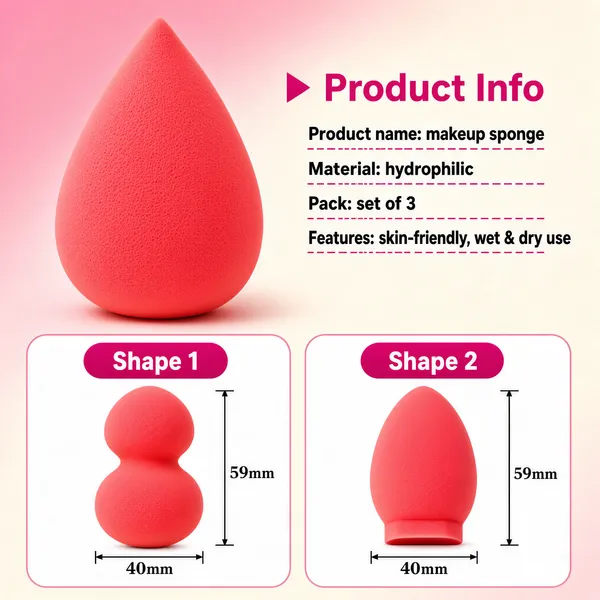 [Format]
Professional e-commerce product main image, square 1:1, bright infographic beauty style with spec-sheet clarity.

[Colors]
Soft pink-to-cream diagonal background (#fbdce2 to #fdf3e7 range); saturated coral-pink product accents; magenta header pills on white cards; no frame border.

[Layout]
A giant hero sponge upper-left; a "Product Info" title block top-centre-right with dotted underlines; two white specification cards side by side along the bottom, each capped by a magenta pill. Each measurement line ends in small serif numerals, and the white cards carry rounded corners with hairline pink outlines.

[Subject]
A large teardrop makeup sponge in vivid coral-pink foam shown as the hero, plus two scale views — a gourd-shaped double-bulge sponge and an egg-shaped sponge with a flat base — each annotated with black measurement lines reading "40mm" horizontally and "59mm" vertically. No people.

[Headline]
Magenta "Product Info" with a small triangle bullet; dashed-underlined spec lines: "Product name: makeup sponge", "Material: hydrophilic", "Pack: set of 3", "Features: skin-friendly, wet & dry use". Card headers "Shape 1" and "Shape 2" in white on magenta pills.

[Mood]
Sweet, tidy and spec-forward; candy-pink infographic styling that reads instantly at thumbnail size. Dashed underlines and pill headers keep the spec sheet friendly rather than clinical.