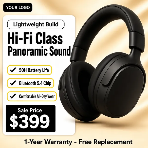 [Format]
Professional e-commerce product main image, square 1:1, premium audio-accessory promo style. Warm neutrals with glossy product rendering.

[Colors]
Background: warm champagne-cream studio gradient (#efe4d3 range) with soft satin folds of light. A large white rounded panel is inset at the upper left behind the type, forming a soft two-tone frame. Display type: near-black. Accents: yellow-outlined check pills with black text, a black price card with white numerals.

[Layout]
The rounded white panel holds a small outlined pill, a two-line headline and three check pills on its left; the headphones fill the right two-thirds, breaking slightly out of the panel; the price card anchors bottom-left; a guarantee line runs along the bottom edge.

[Subject]
Matte black over-ear wireless headphones shown at a dynamic three-quarter tilt, plush ear cushions and a padded headband, soft studio highlights on the curved surfaces.

[Headline]
Inside the panel, top: a small outlined pill "Lightweight Build". Then two stacked lines of very heavy black: "Hi-Fi Class" and "Panoramic Sound". Three yellow pills with checkmarks: "50H Battery Life", "Bluetooth 5.4 Chip", "Comfortable All-Day Wear". Bottom-left black card: "Sale Price" small white with "$399" in very heavy white numerals. Bottom edge, dark caps: "1-Year Warranty - Free Replacement".

[Badges]
Top-left corner of the tile: a small dark "YOUR LOGO" chip.

[Mood]
Warm, confident audio retail; champagne softness against matte black cans, tidy check pills and a punchy price card.