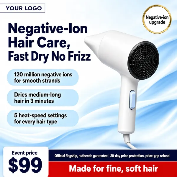 [Format]
Professional e-commerce product main image, square 1:1, sleek appliance advertising style with cool blue waves and white hardware.

[Colors]
A light background of flowing blue silk waves in the #b9d4ea range fading to white; the white hair dryer pops against it; deep navy headline type; light-blue feature pills; red and navy price elements at the bottom. No frame border.

[Layout]
A slim white logo bar top-left. A two-line heavy navy headline sits upper left. Three light-blue feature pills with navy text stack beneath. The white hair dryer stands on the right, tilted with its nozzle pointing up-left, rear grille visible. A gold-outlined circular seal floats at the top-right. The bottom strip holds a white price card on the left, a navy warranty line and a red band with a hair-type claim on the right.

[Subject]
A compact matte-white ionic hair dryer with a rounded black honeycomb rear grille, a slim handle with a pale-blue switch and a short cable, shot three-quarter from behind so the circular grille dominates, soft studio reflections along the glossy barrel.

[Headline]
Upper left in heavy navy characters: "Negative-Ion Hair Care, Fast Dry No Frizz". Blue pills: "120 million negative ions for smooth strands", "Dries medium-long hair in 3 minutes", "5 heat-speed settings for every hair type". Gold seal: "Negative-ion upgrade". Bottom-left card: "Event price $99" with "$99" huge in navy. Bottom band: "Official flagship, authentic guarantee | 30-day price protection, price-gap refund". Red band: "Made for fine, soft hair" in white.

[Badges]
Gold-ringed circular seal at the top-right; small navy "YOUR LOGO" tag top-left.

[Mood]
Cool, airy and salon-fresh; silky blue waves with crisp white hardware, gentle-tech credibility at thumbnail size.
